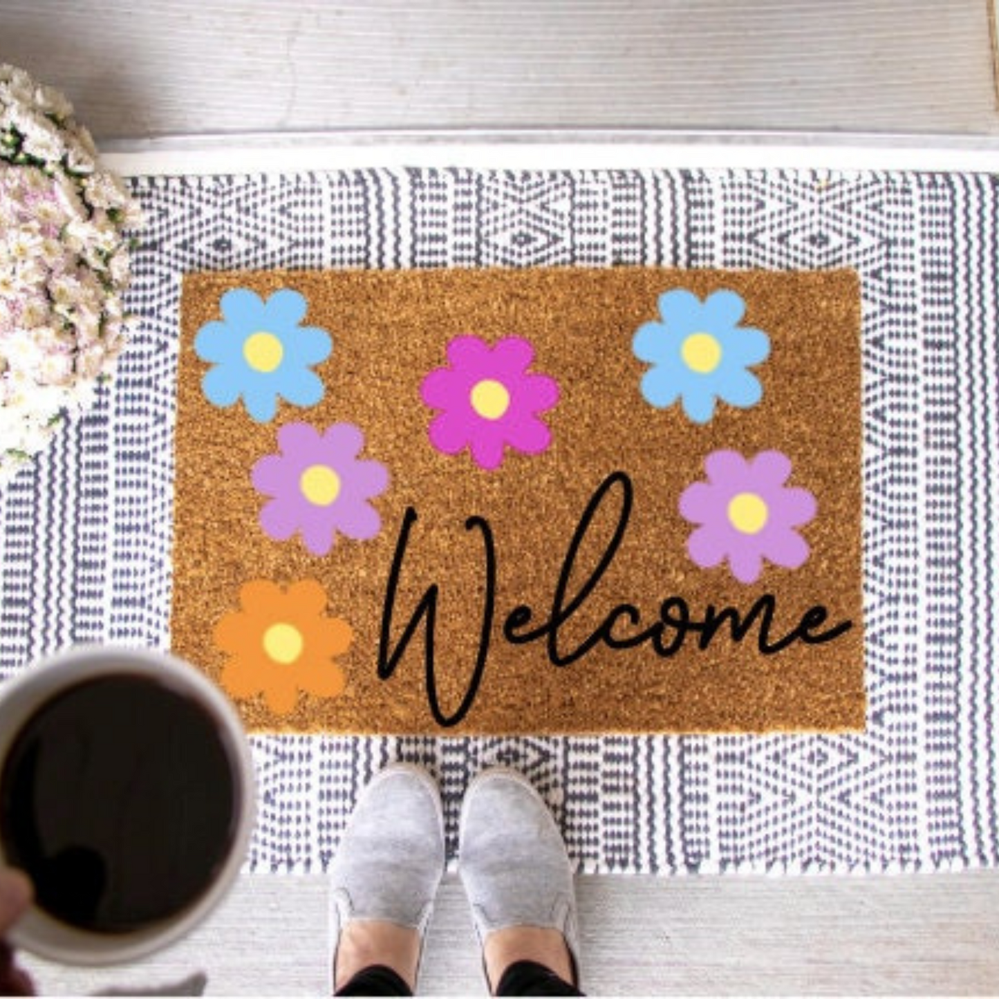 Welcome Colorful Spring Flower Doormat