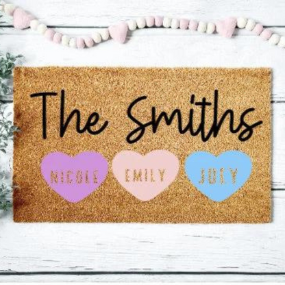 Family Last Name Hearts Doormat