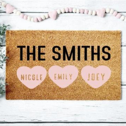 Family Last Name Hearts Doormat