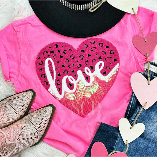 Love Leopard Heart Chenille & Sequin Patch Top