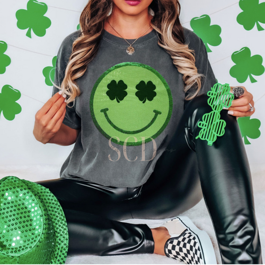 Shamrock Happy Face Sequin Patch Top